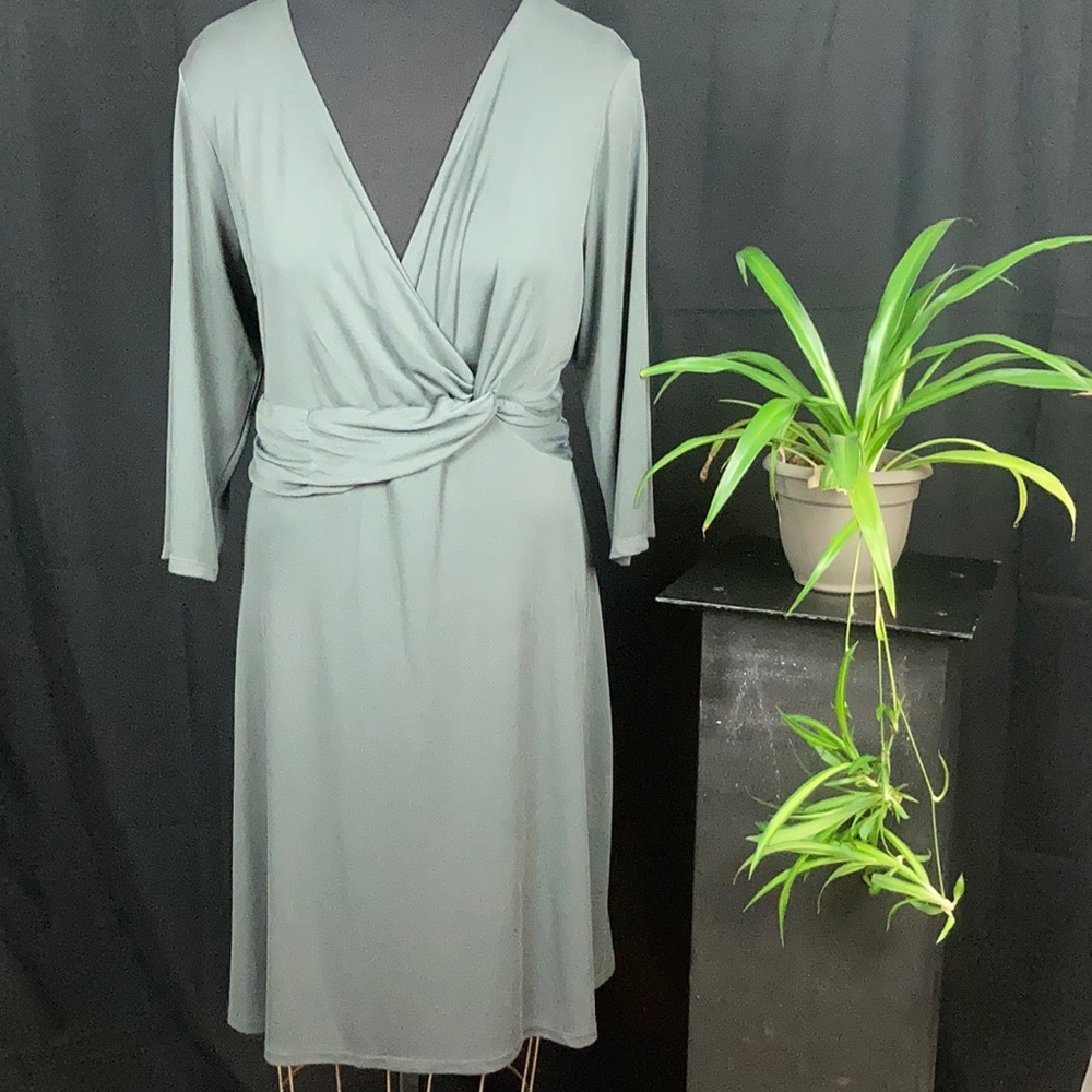 Grey green cocktail faux wrap dress
